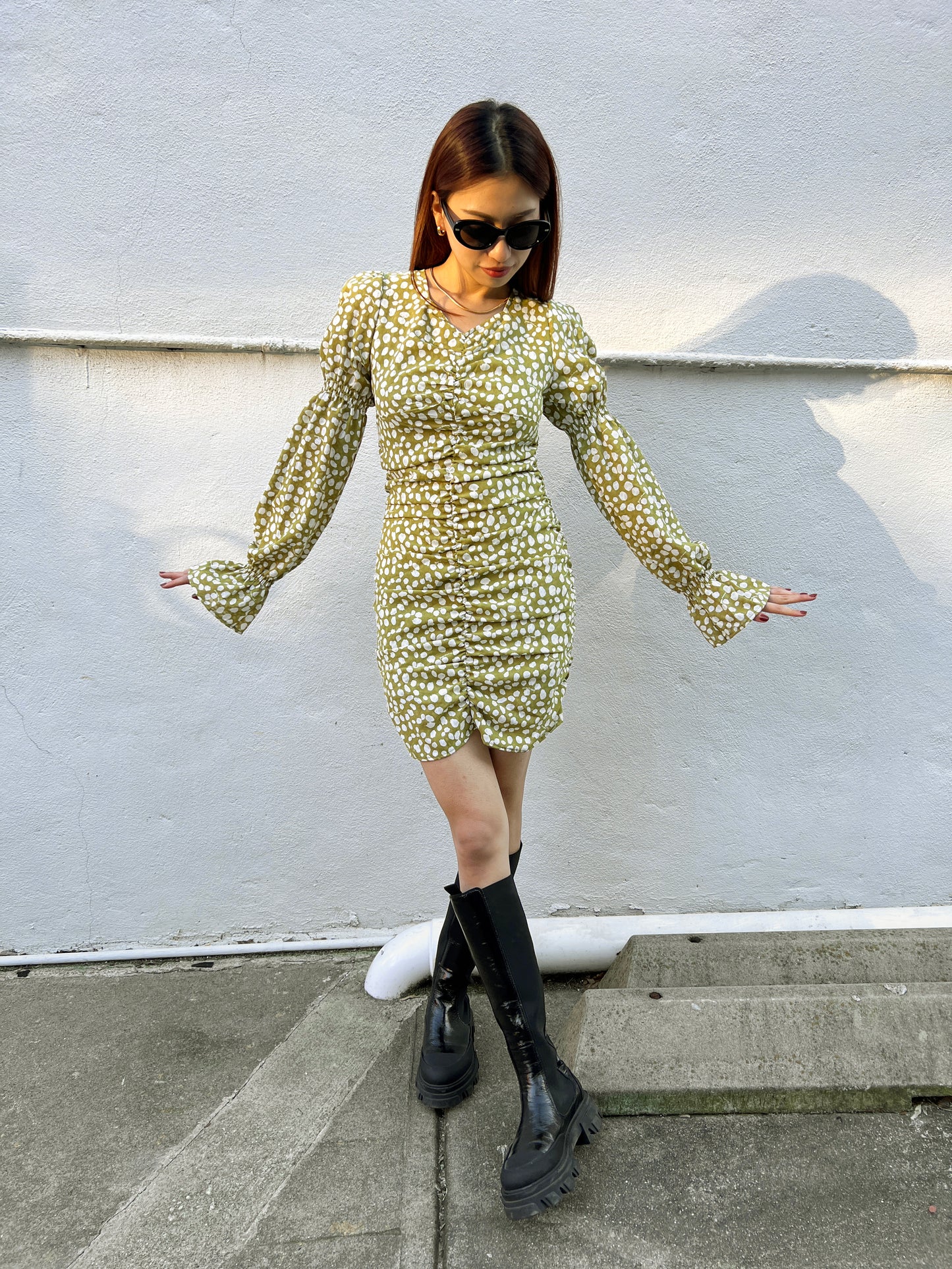Back Tie Long Sleeve Print Dress