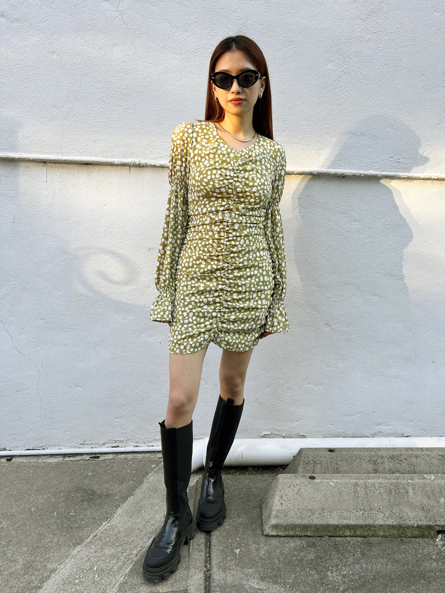 Back Tie Long Sleeve Print Dress