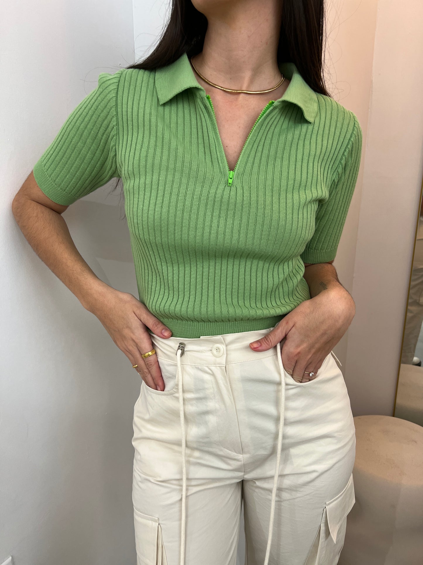 Collared Zip Up Knit Top