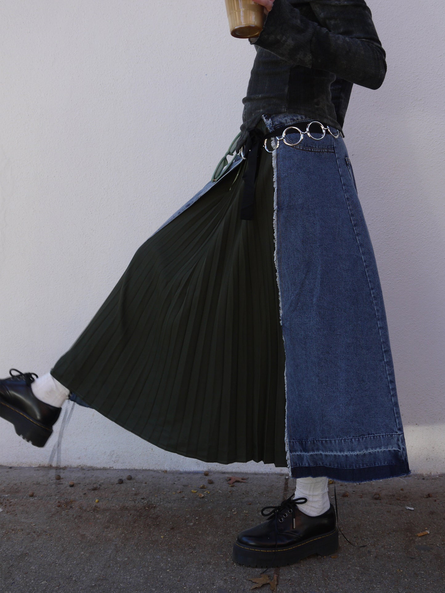 denim pleated combo long skirt