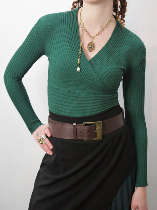 long slv rib knit crossover top