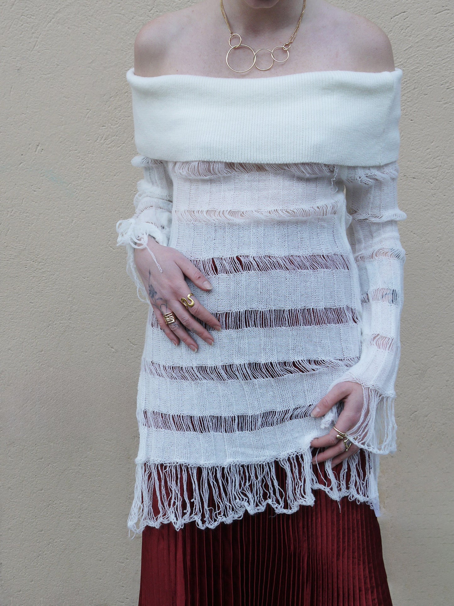 off shoulder tassle sweater