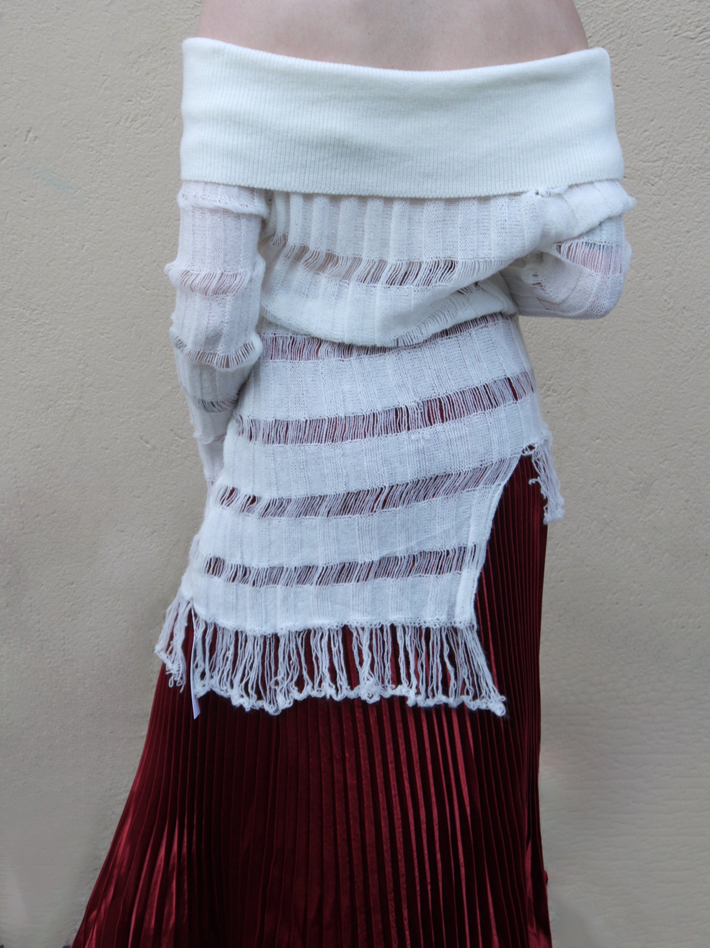 off shoulder tassle sweater