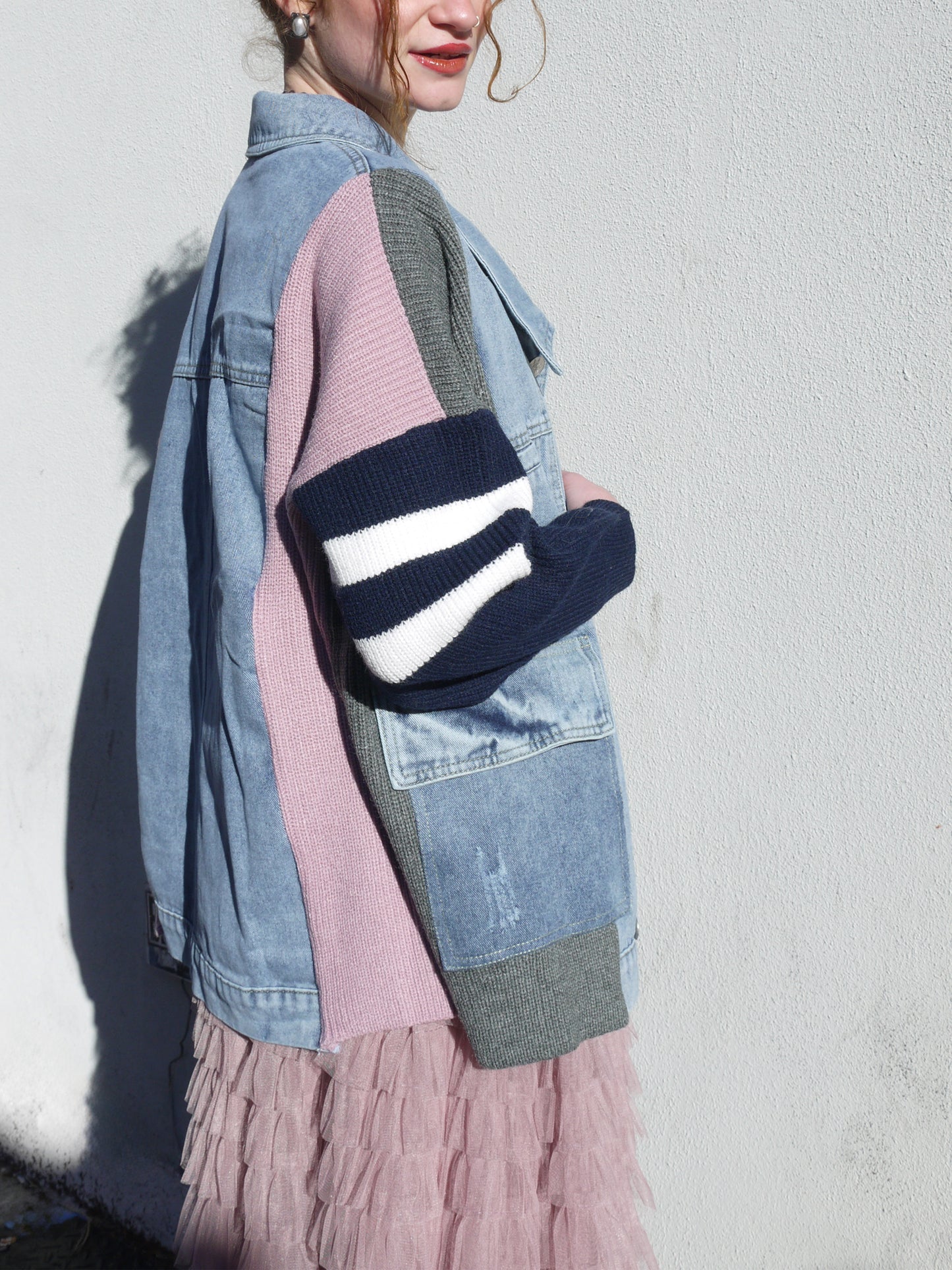 multi colored denim knit combo jacket