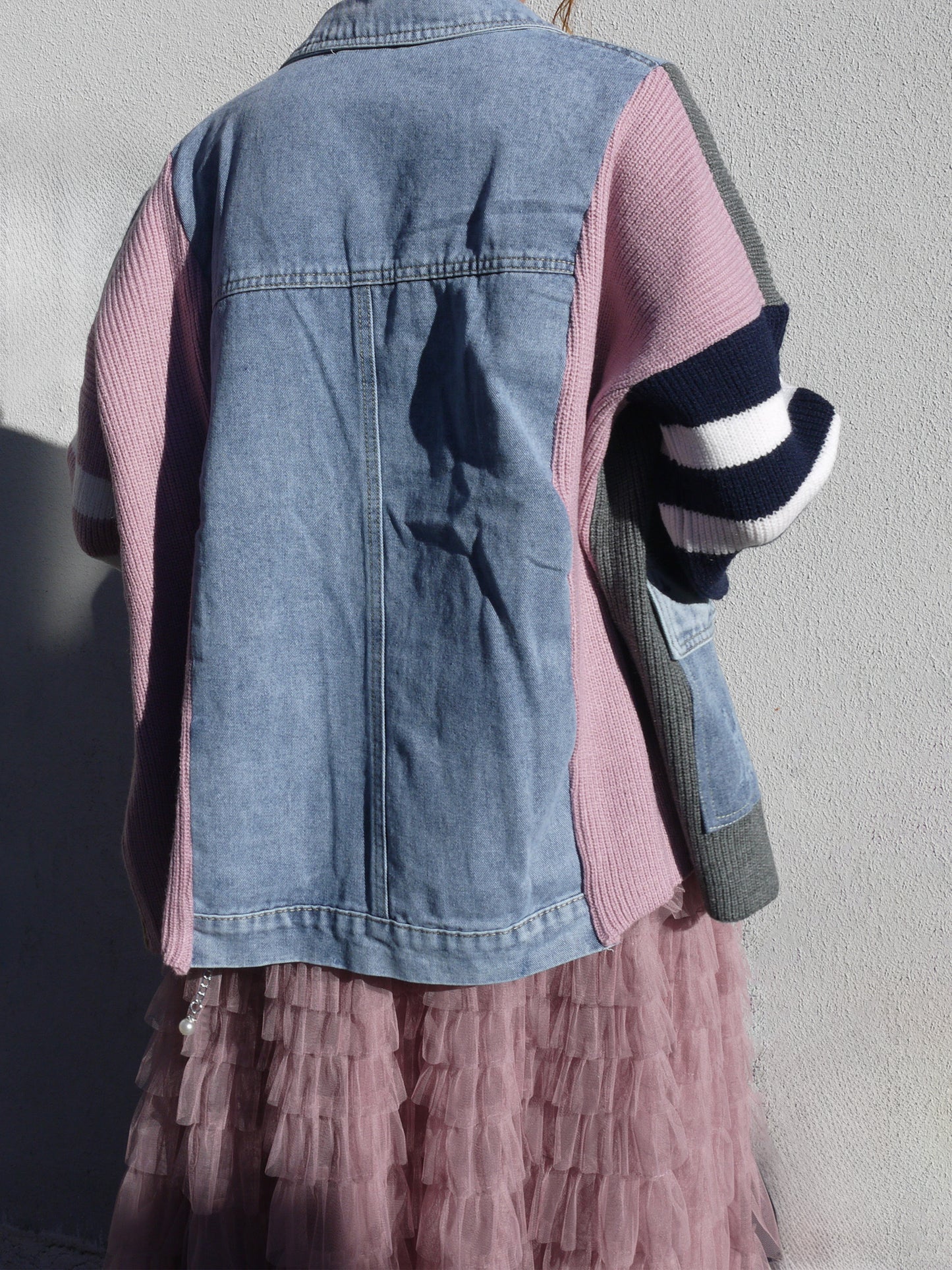 multi colored denim knit combo jacket