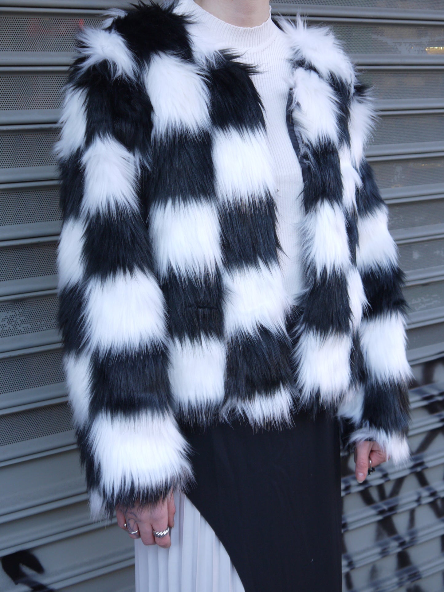 checkered faux fur jacket