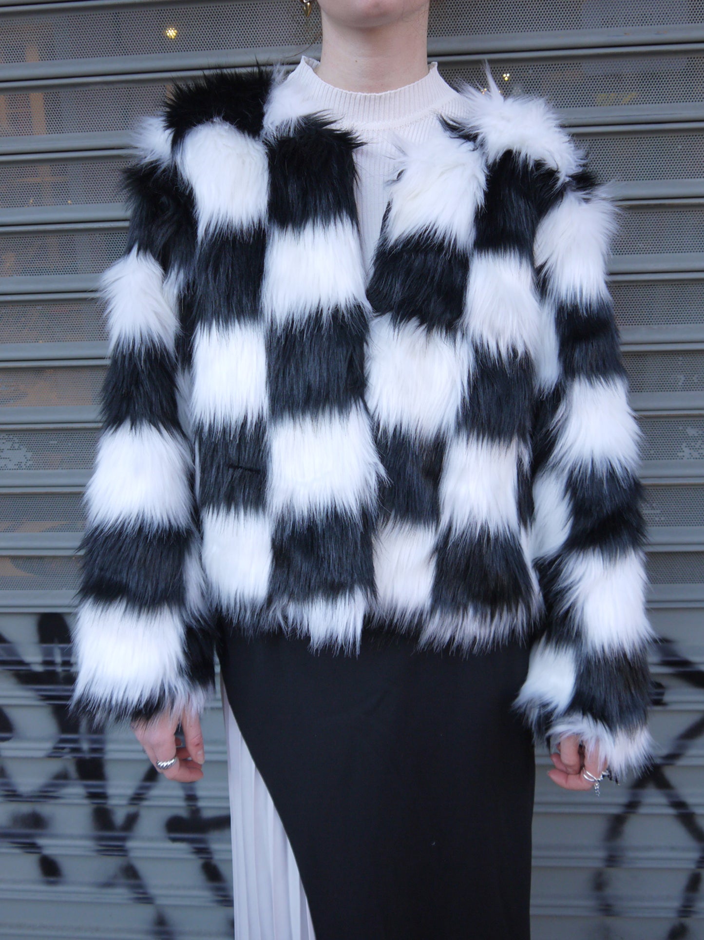 checkered faux fur jacket