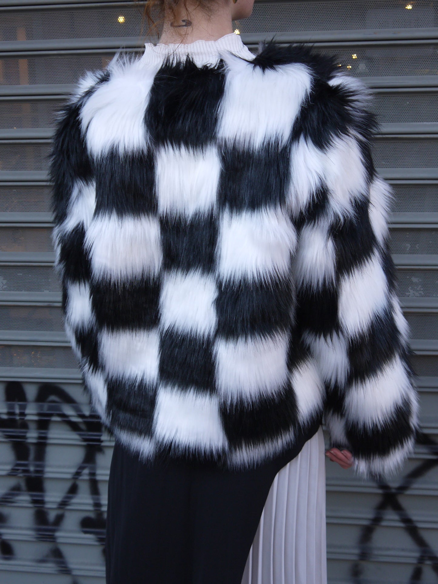 checkered faux fur jacket