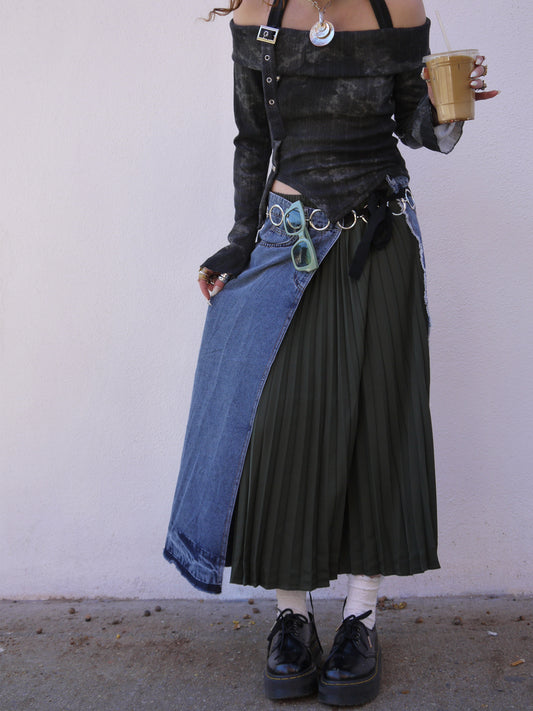 denim pleated combo long skirt