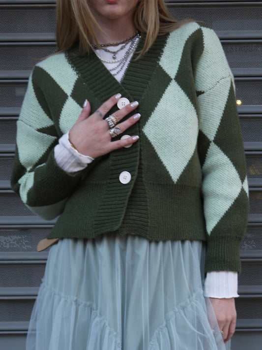 checkered cardigan sweater