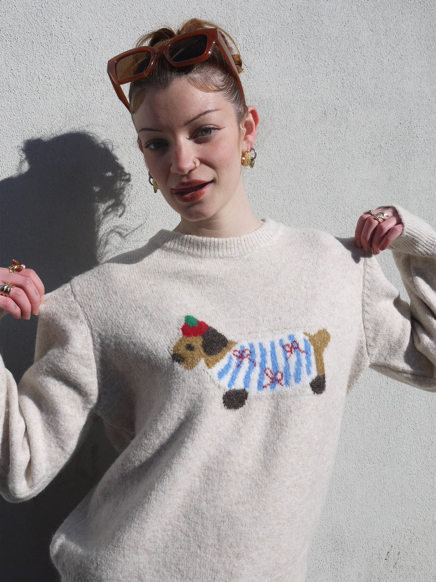 dog print crewneck sweater