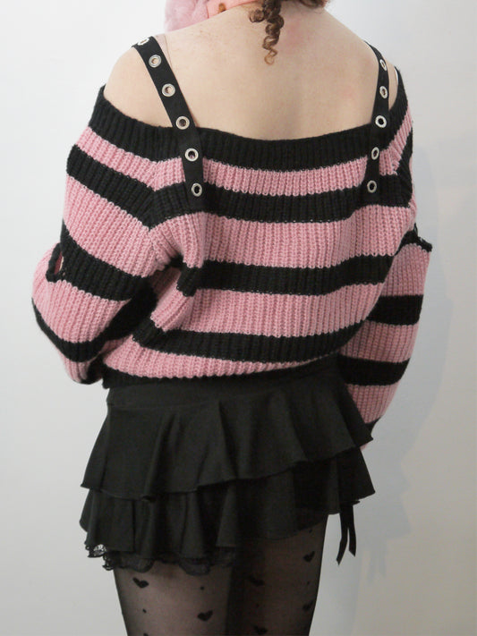 stripe embellished strap sweater