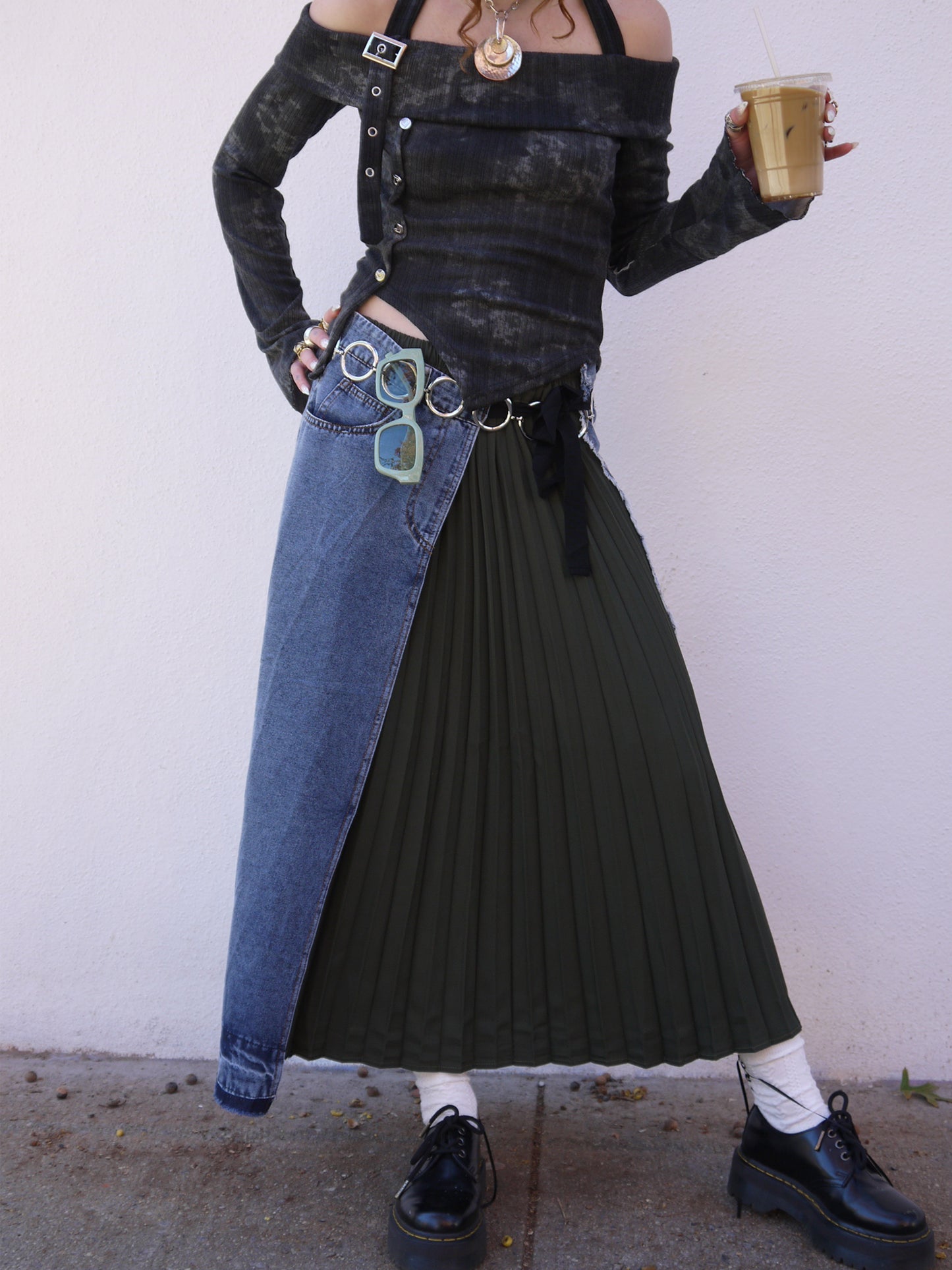 denim pleated combo long skirt