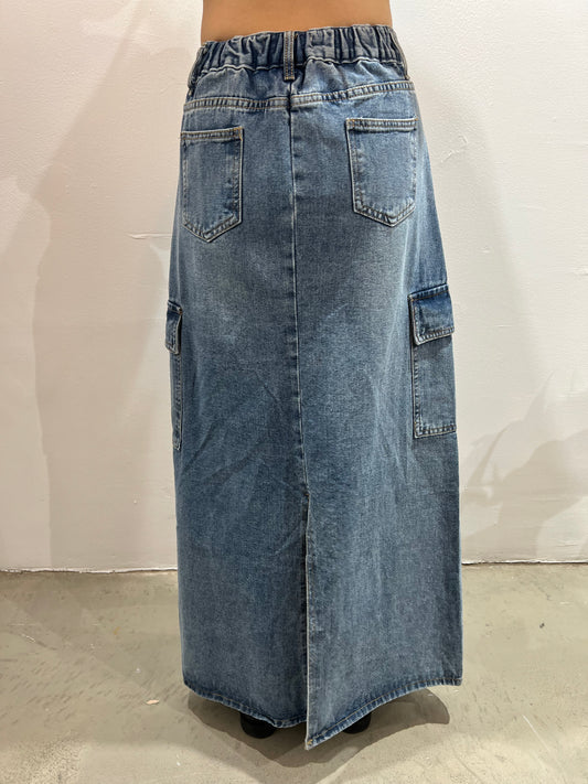 Cargo Pocket Long Denim Skirt
