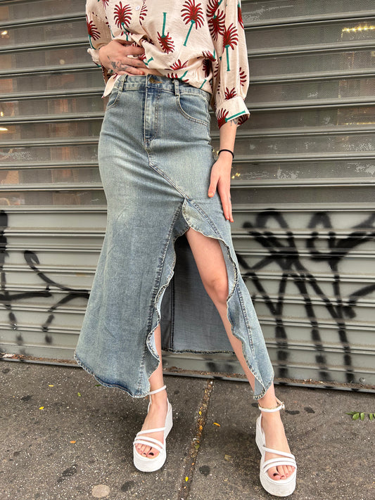 denim high side slit ruffle skirt