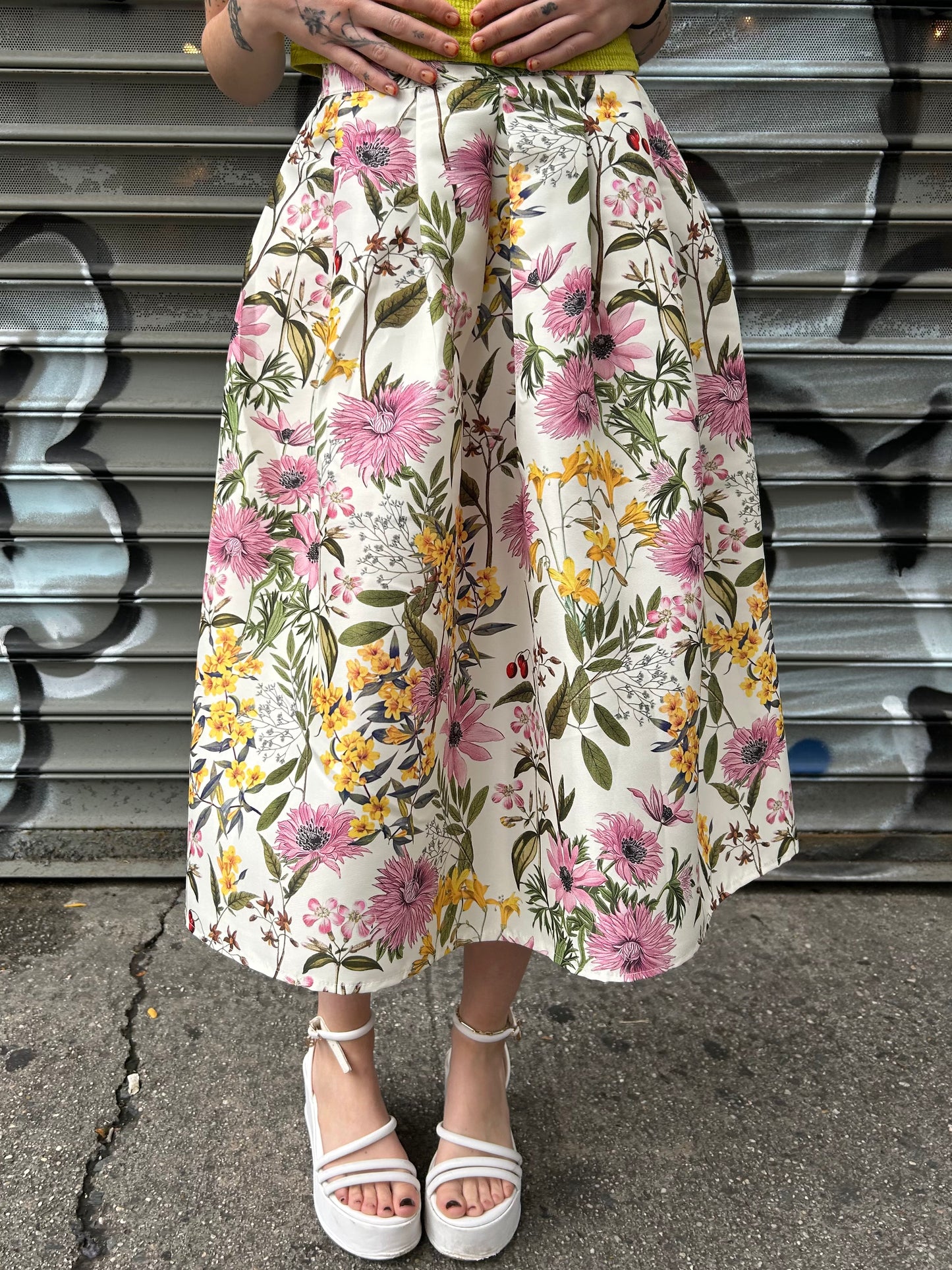 floral puff midi skirt