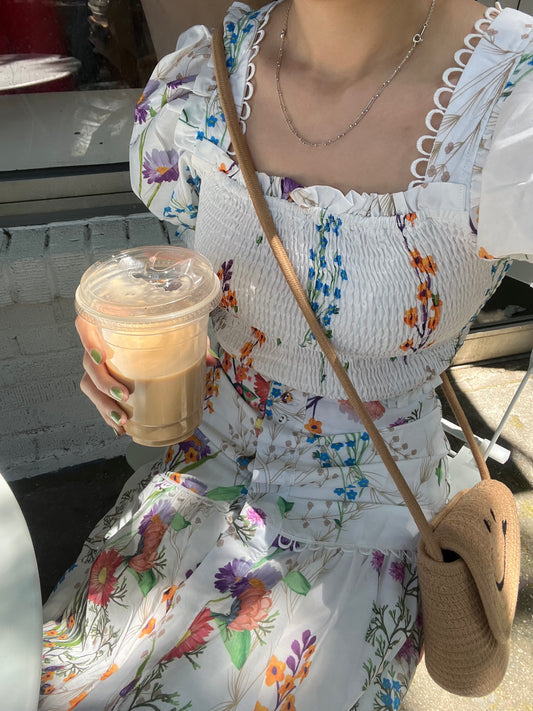 puff sleeve floral print dress