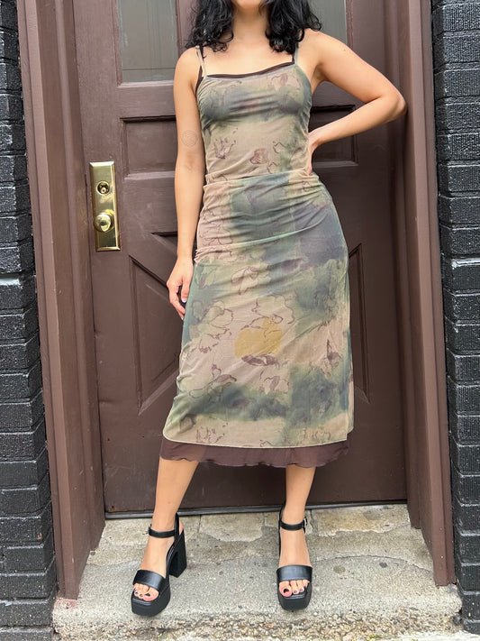 long mesh printed dress