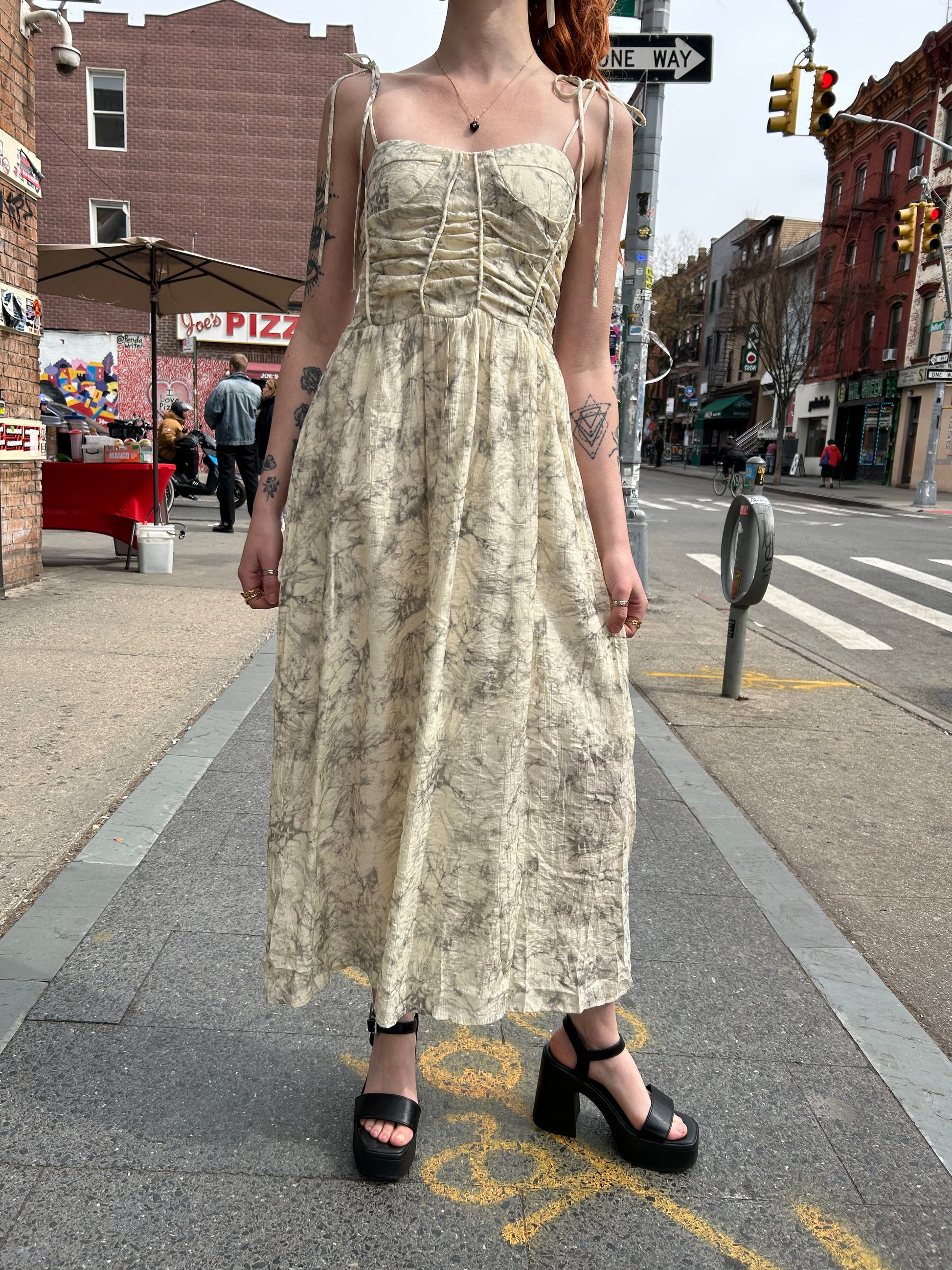 tie strap printed corset detail dress