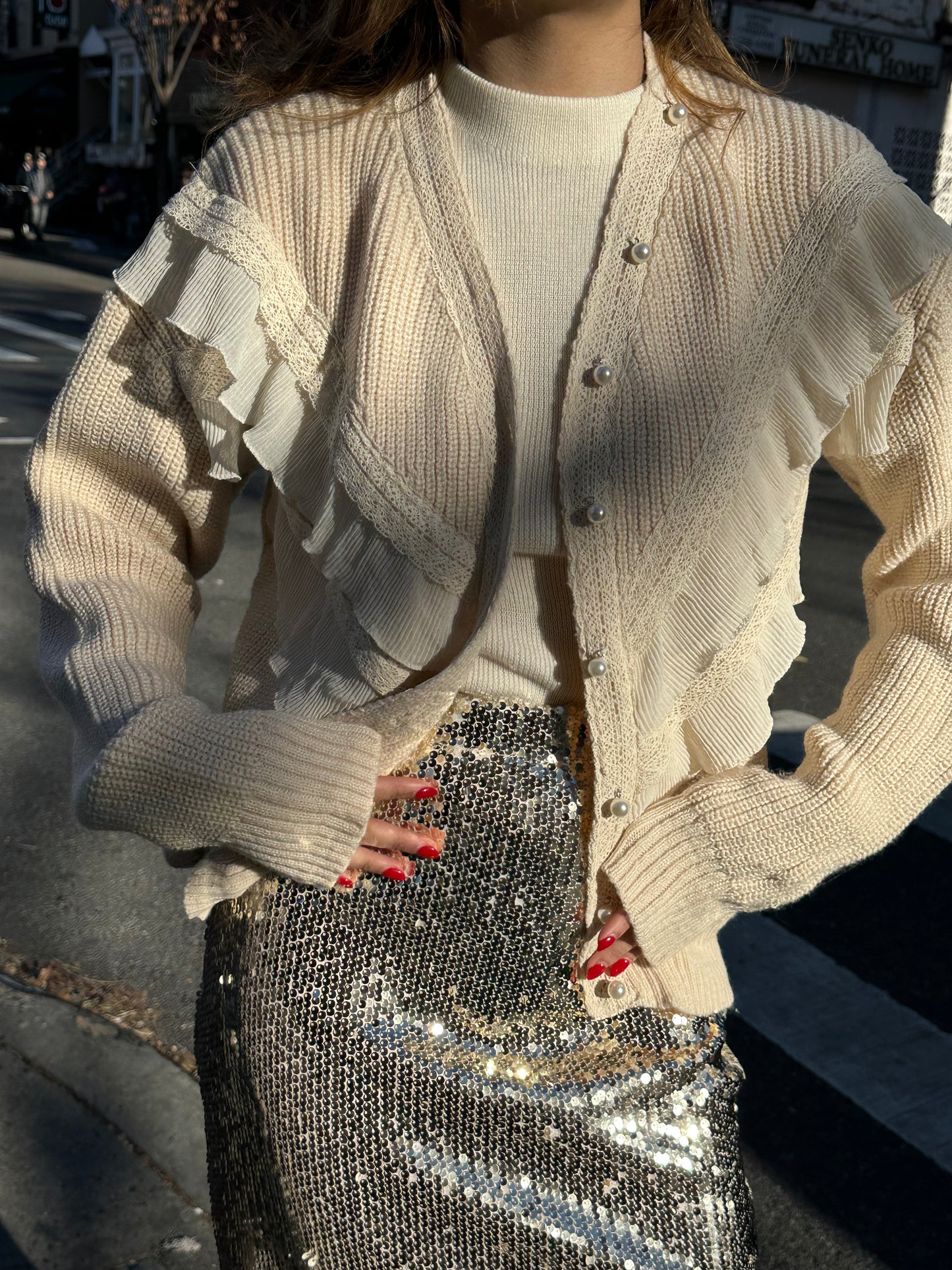 pearl detail ruffle cardigan