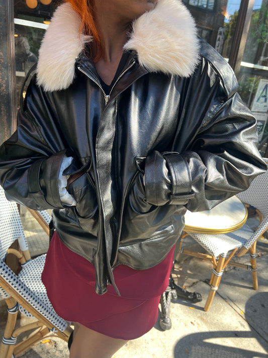 faux fur collar faux leather jacket