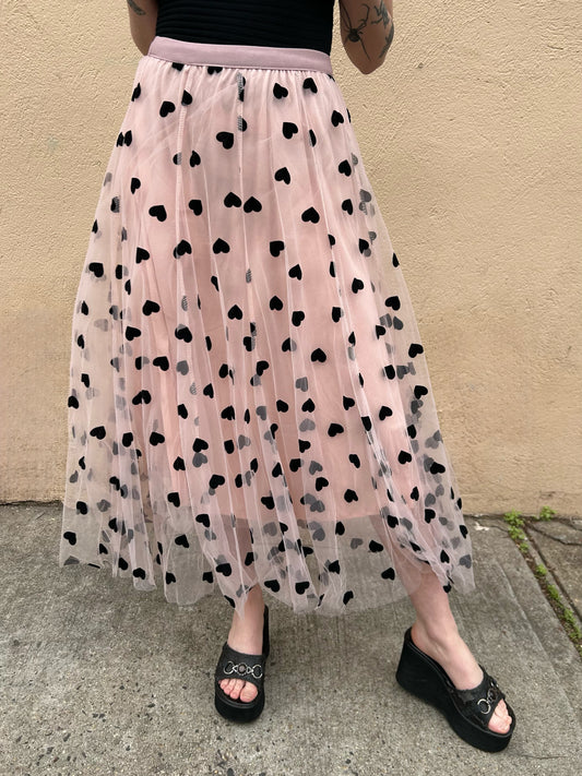 all over heart print mesh skirt
