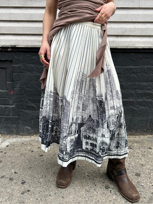 pleated scenic print long skirt