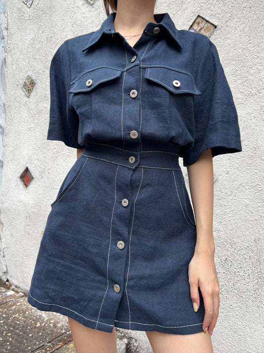 linen contrast stitch short dress