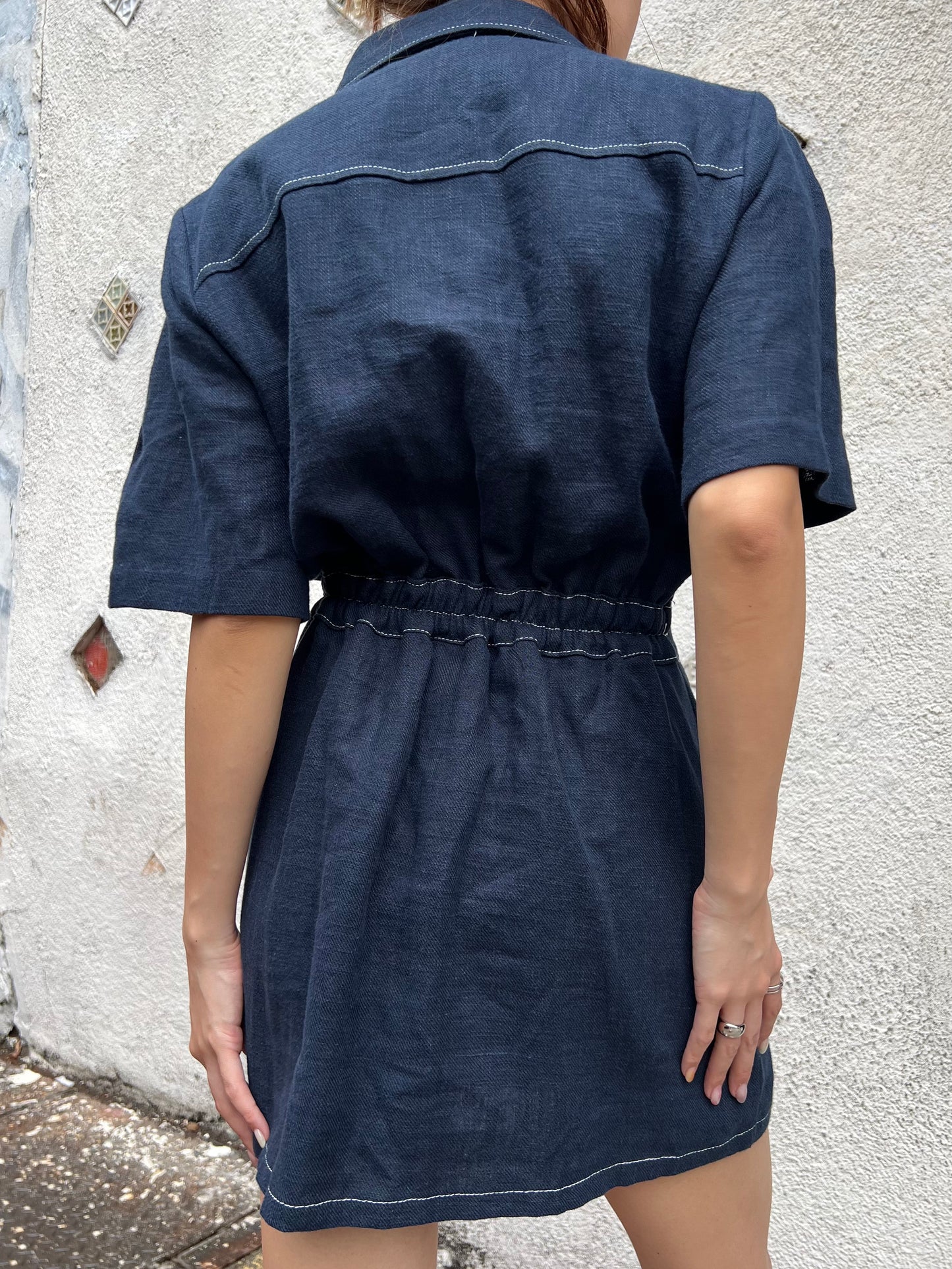 linen contrast stitch short dress