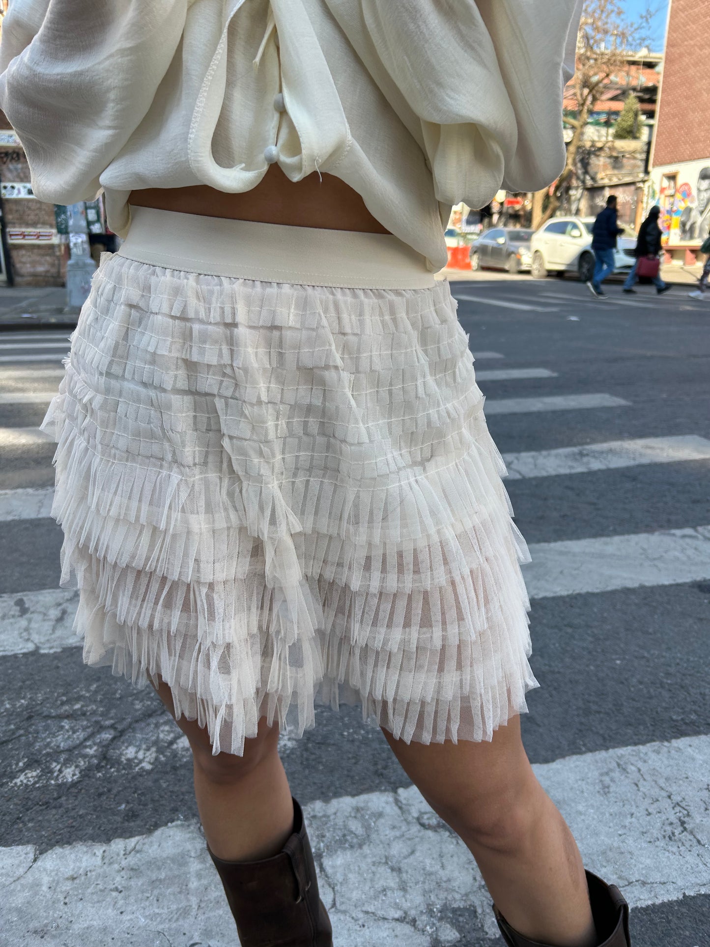 short multi pleated mesh skirt