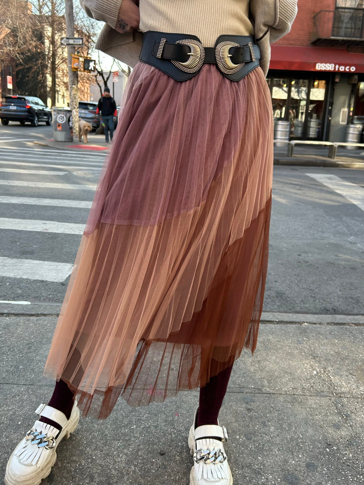 tri colored pleated skirt