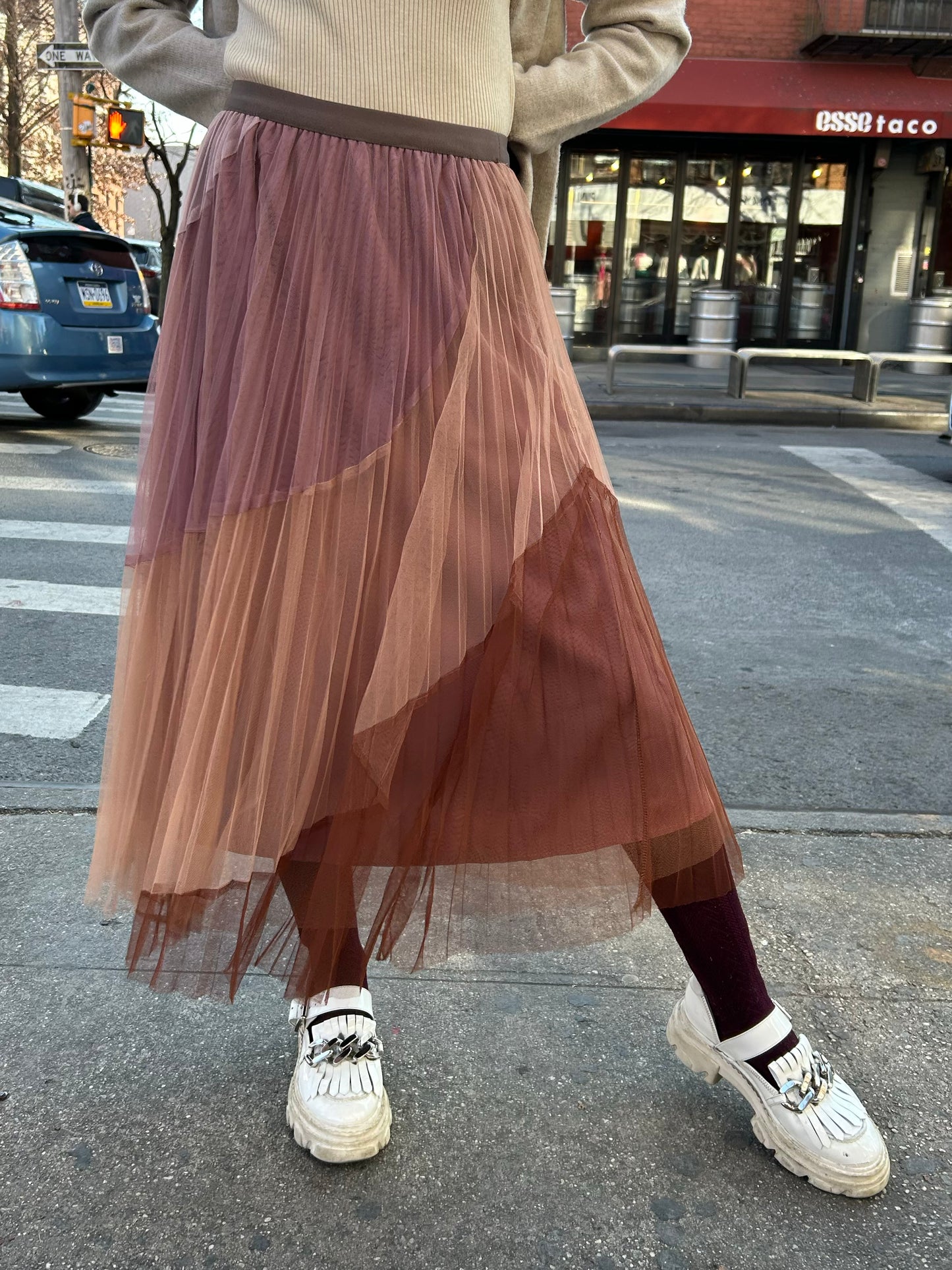 tri colored pleated skirt