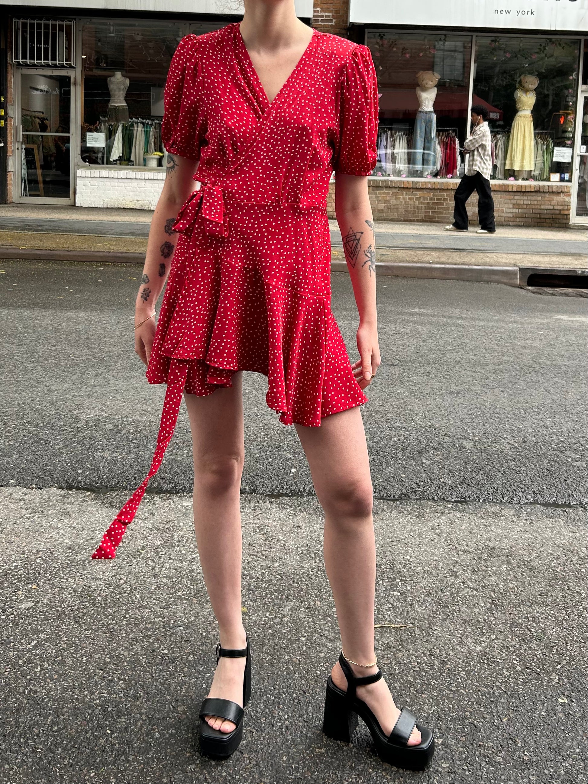 red spot wrap dress Glamorous Curve mini long sleeve wrap dress in pink red spot