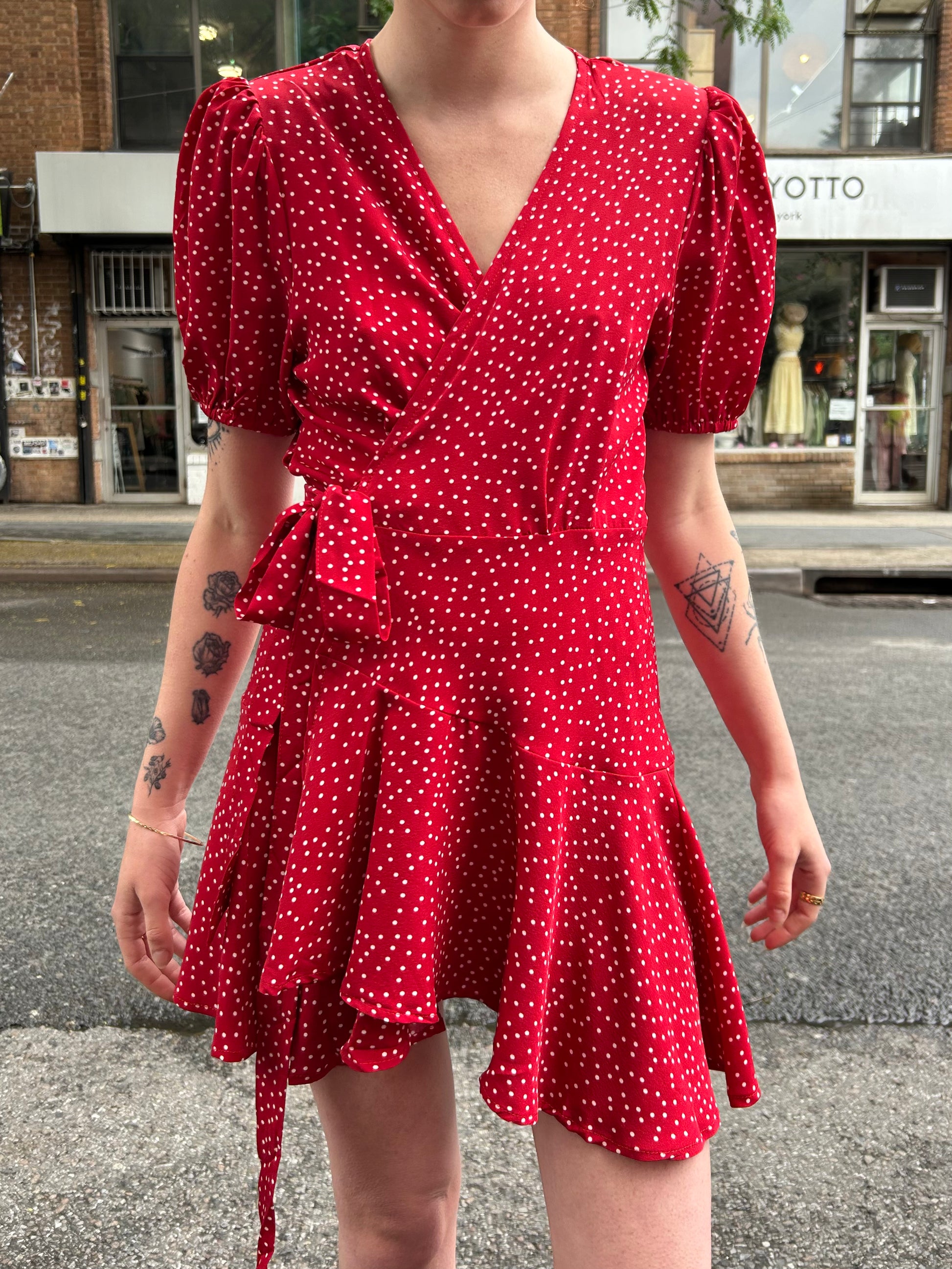 red spot wrap dress The Polka Dot Ruffle Wrap Dress - Red Women's Casual Wrap Dress, Stylish- Red - Dresses