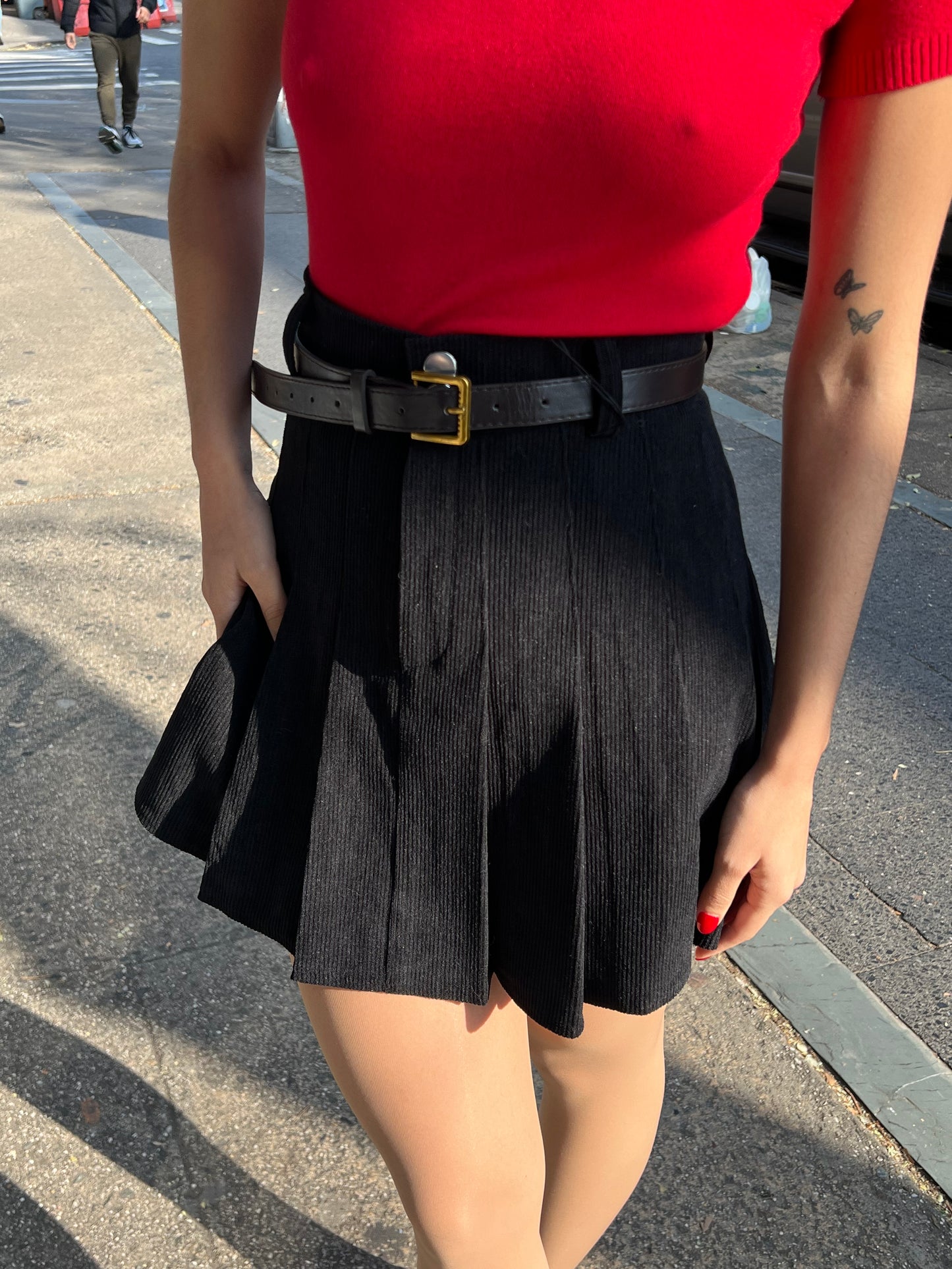 short corduroy belted skirt