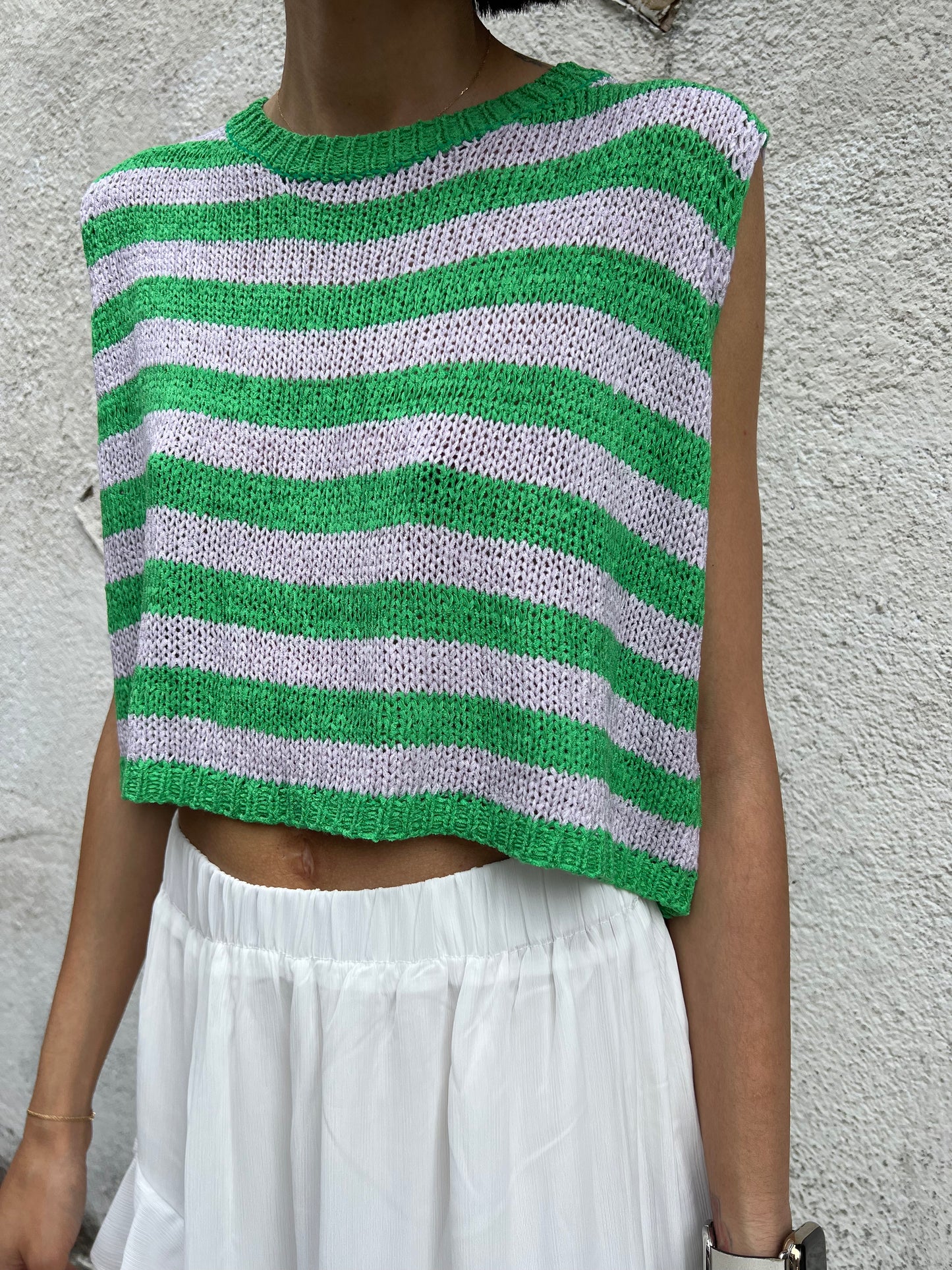stripe knit slvless top