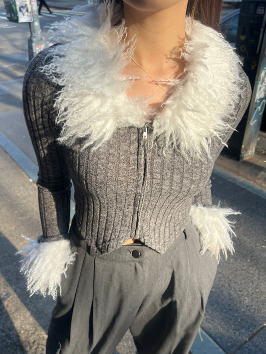 faux fur trim zip up sweater