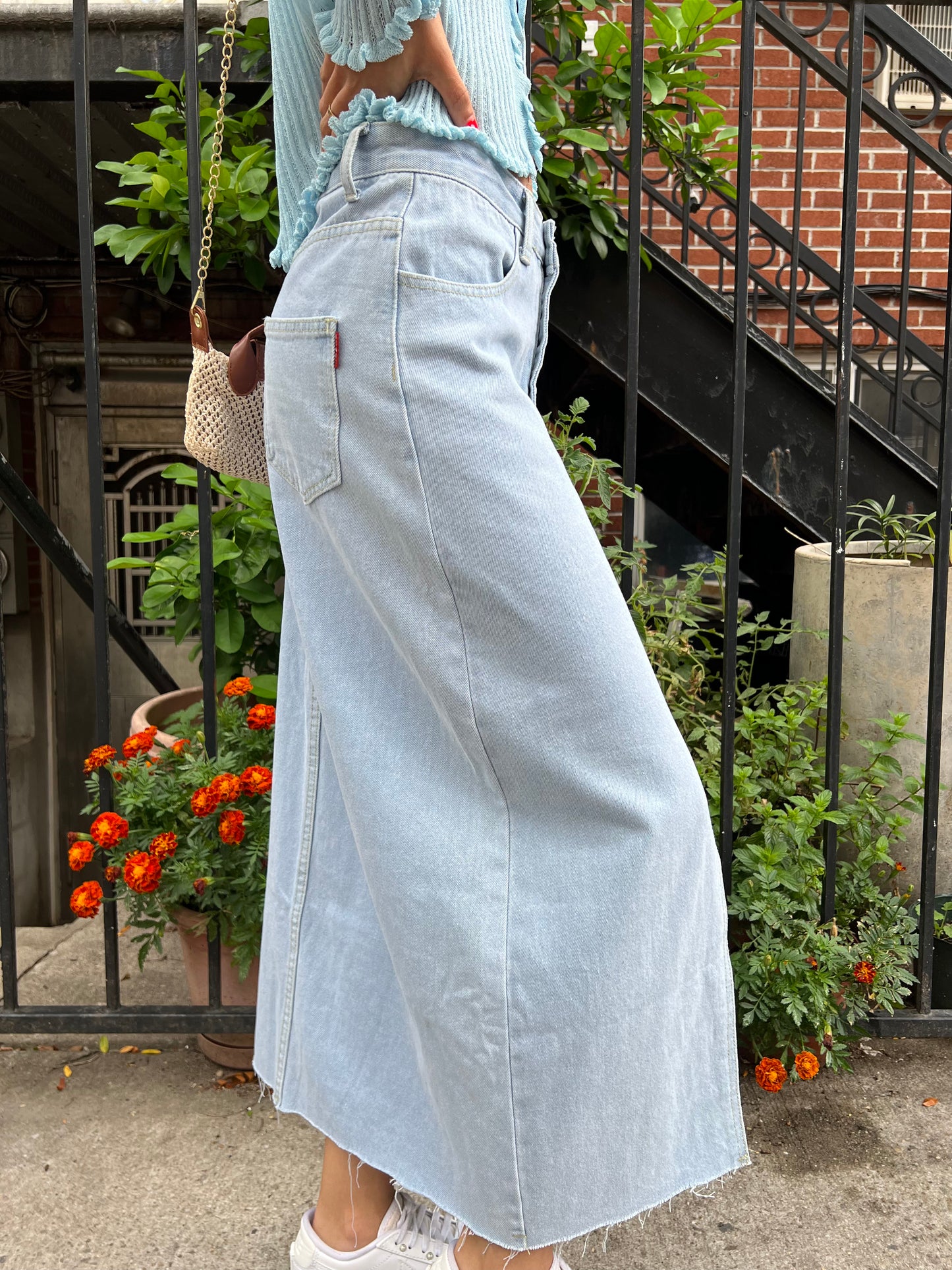 front slit long denim skirt