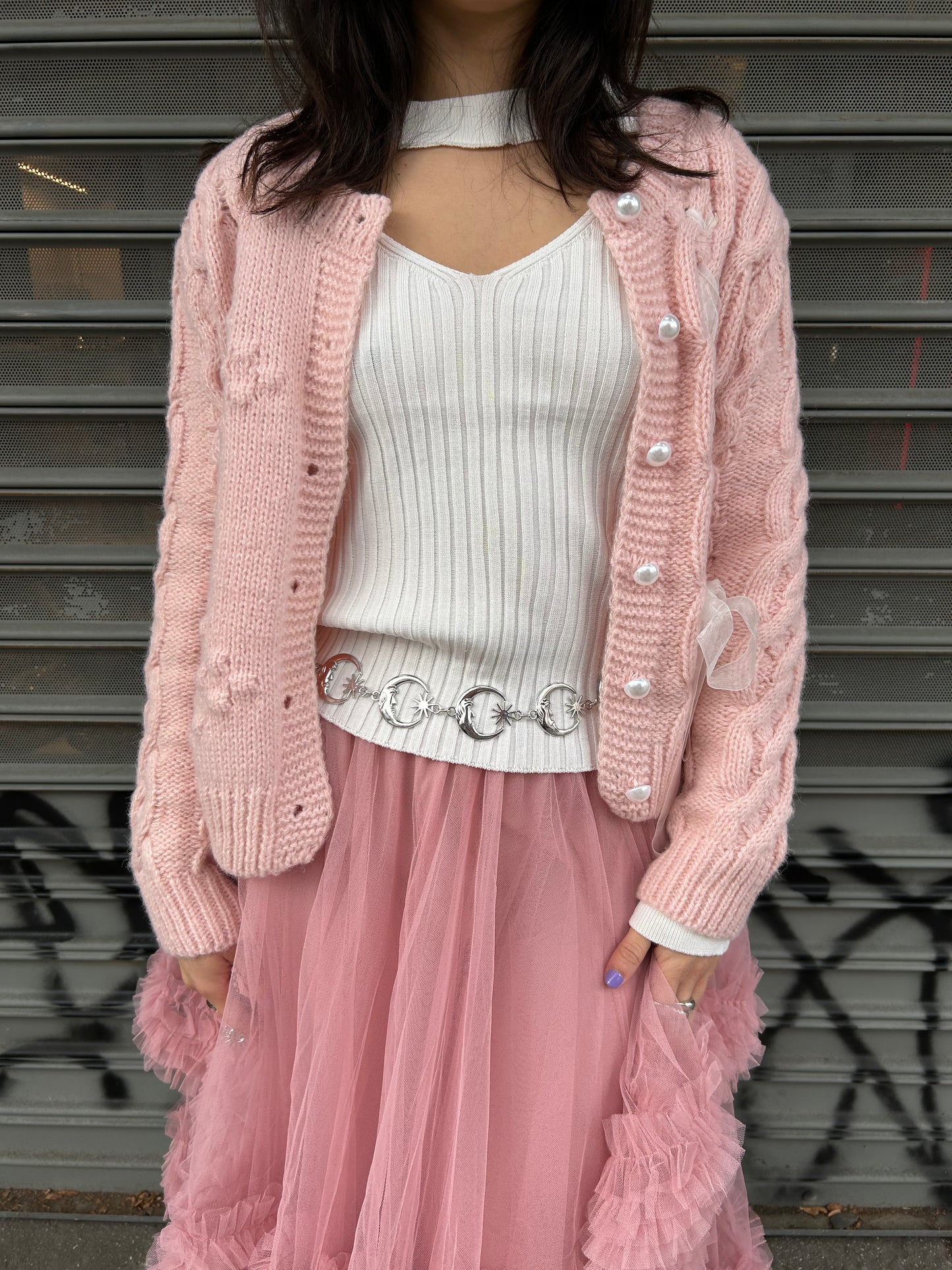 cable knit pearl button cardigan