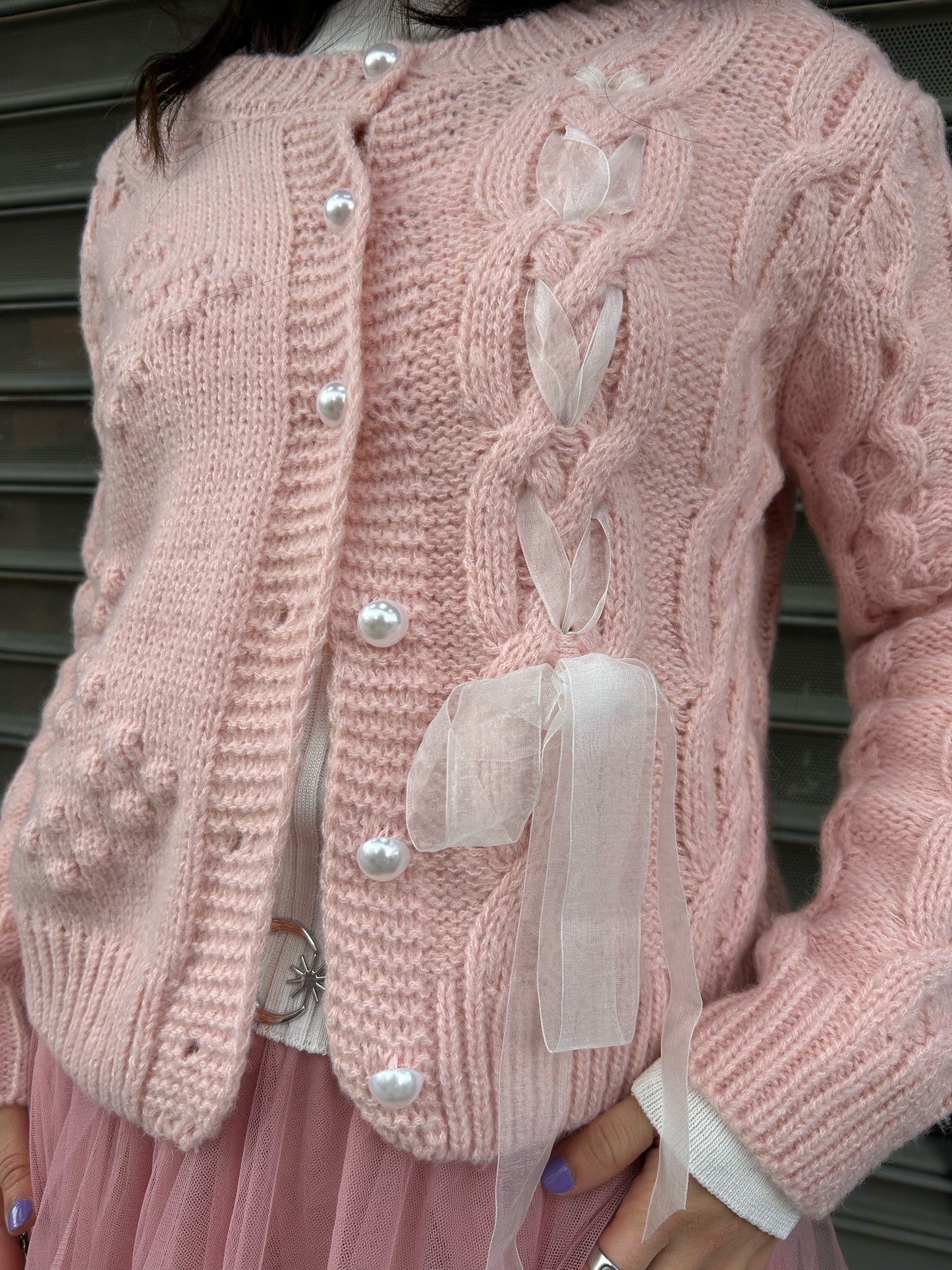 cable knit pearl button cardigan