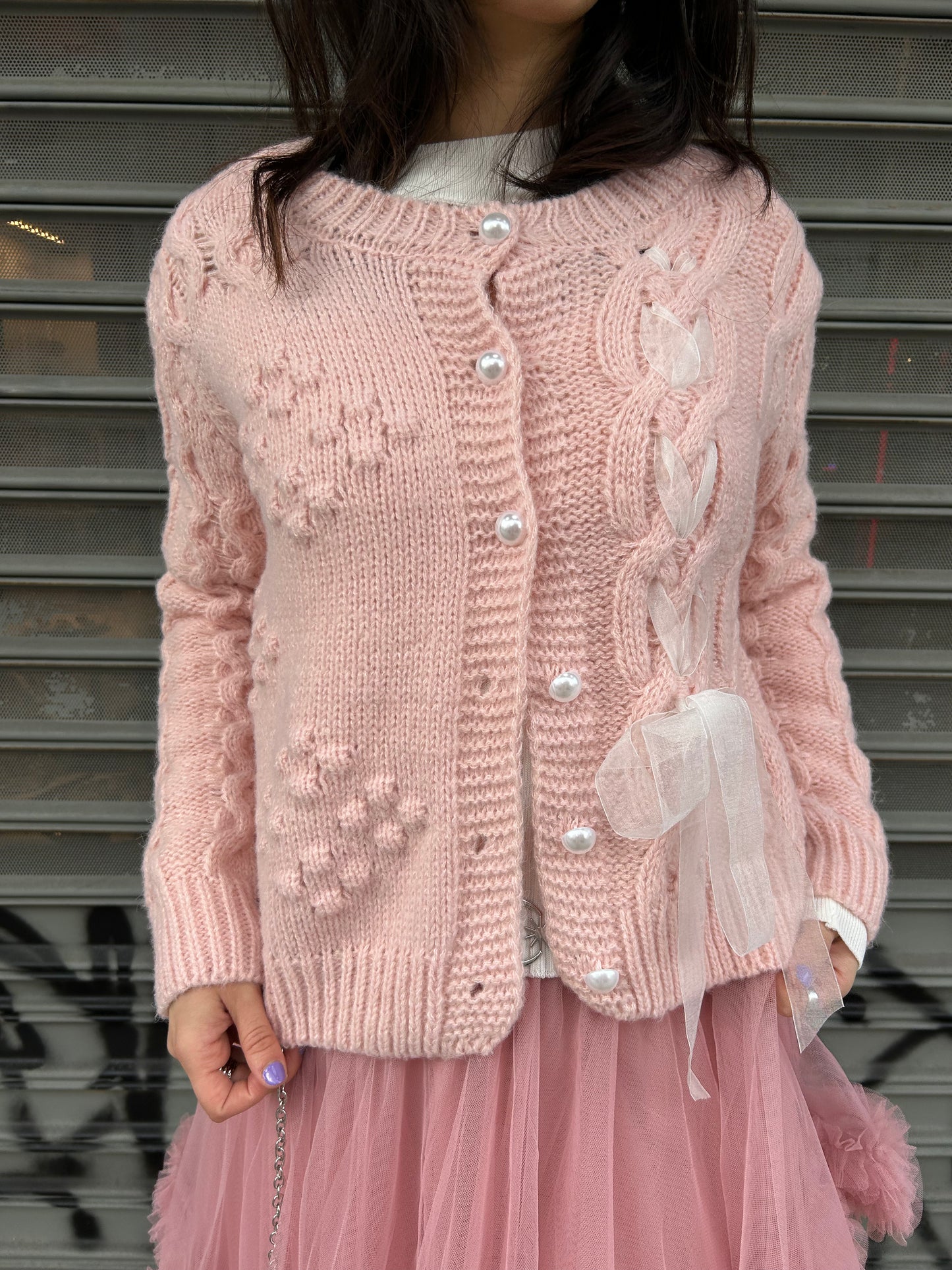 cable knit pearl button cardigan