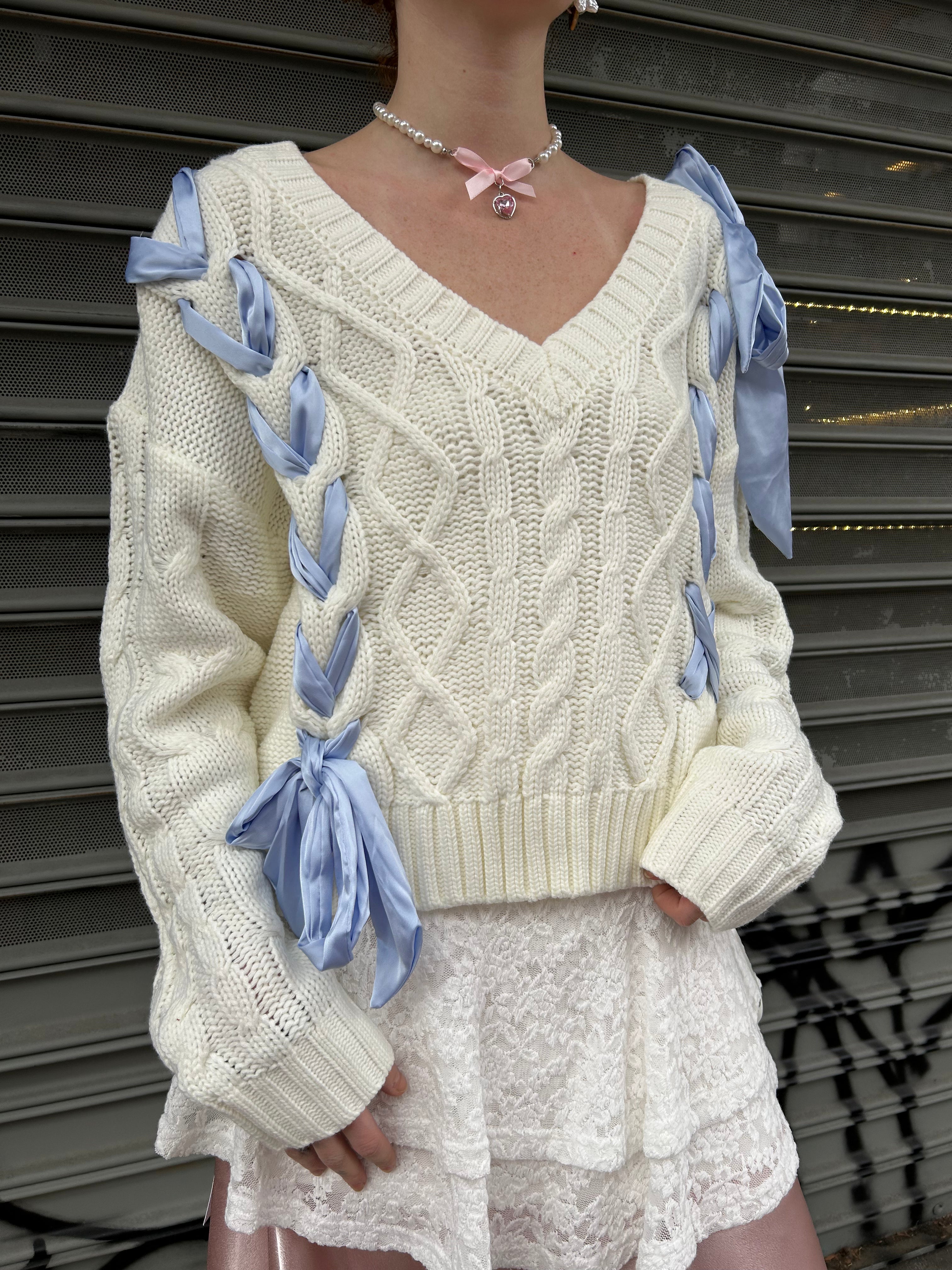 satin ribbon detail sweater – Pinkyotto