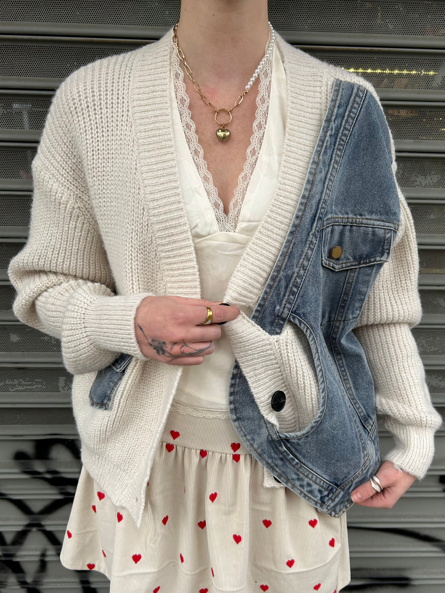 denim knit combo sweater cardigan