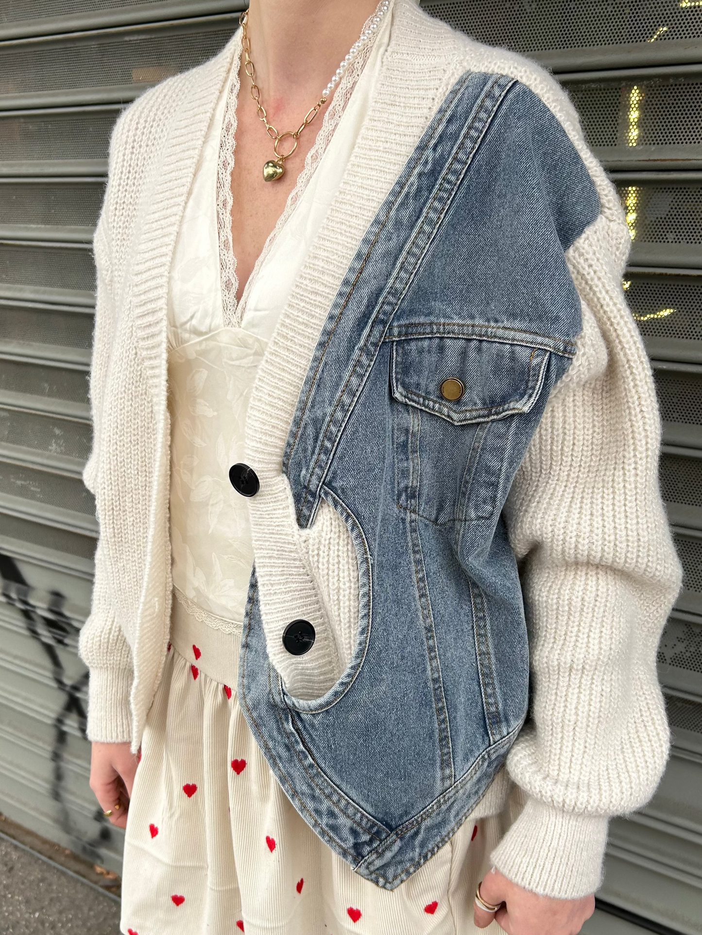 denim knit combo sweater cardigan