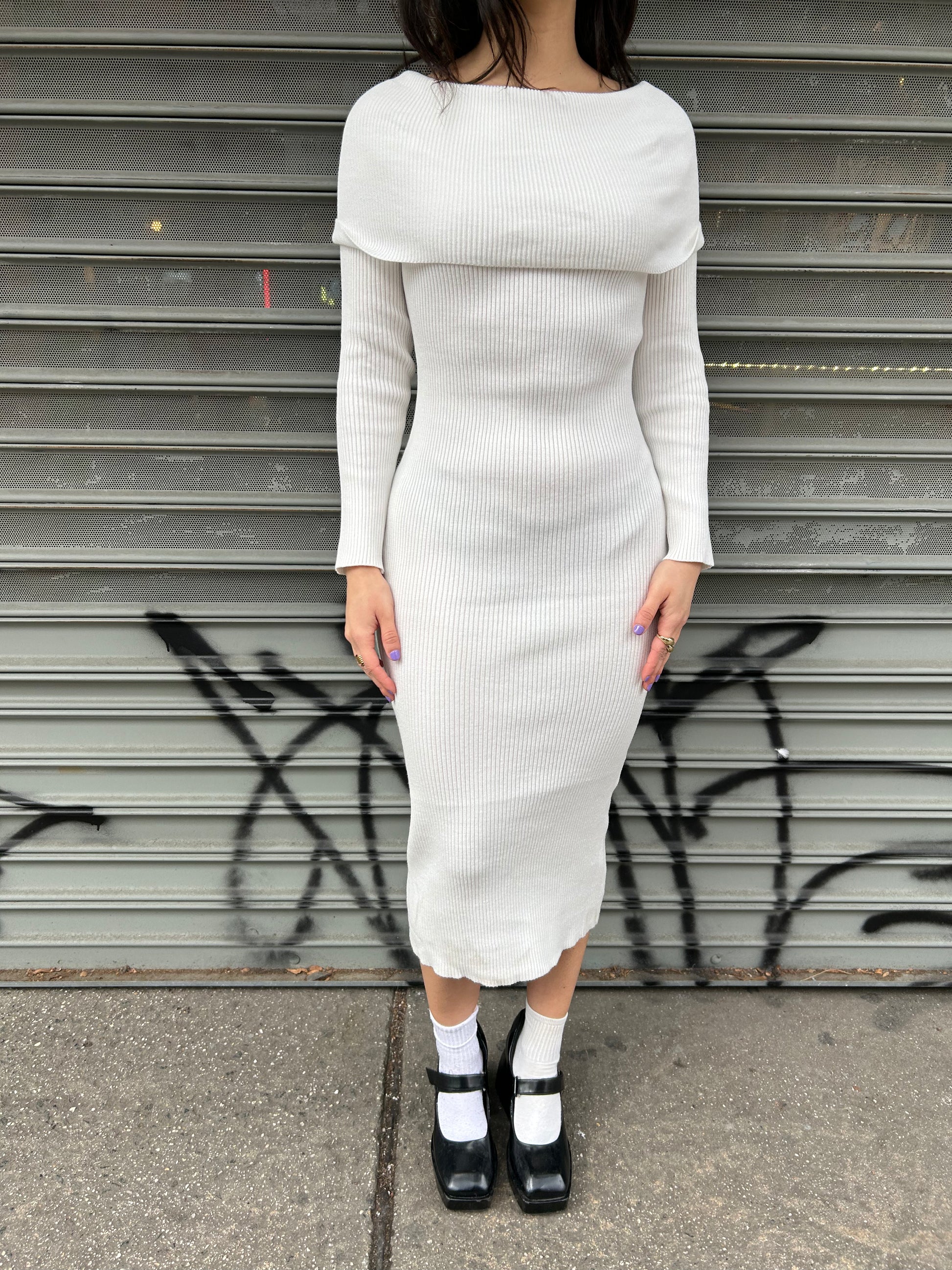 off shoulder rib knit long dress off shoulder rib knit long dress