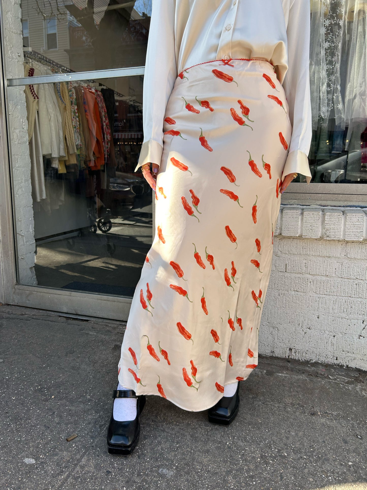 satin pepper print long skirt