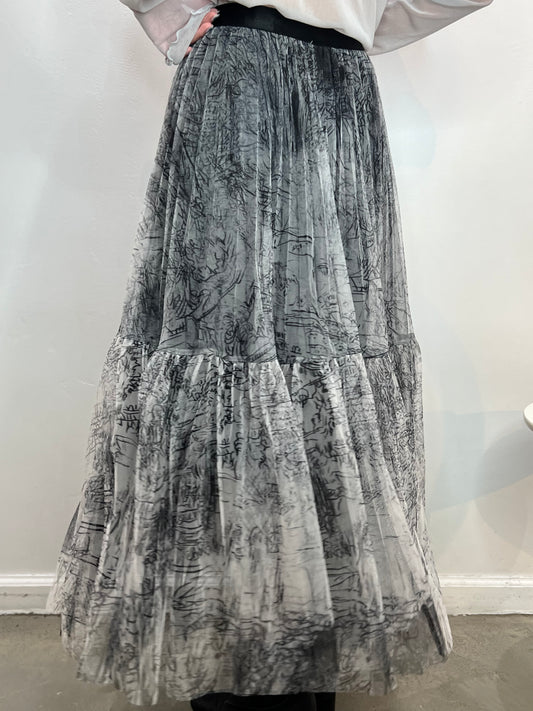 long mesh printed skirt