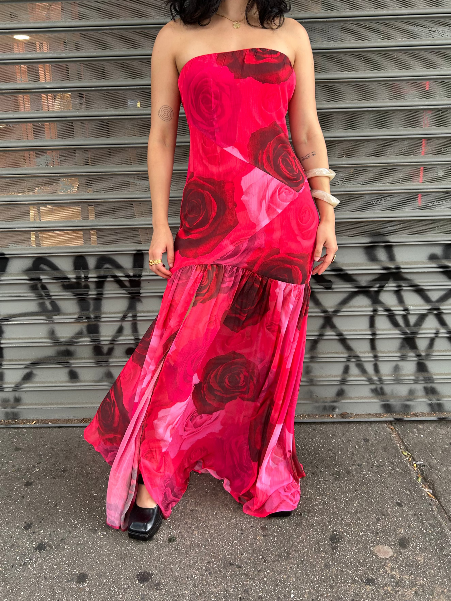 rose print strapless dress