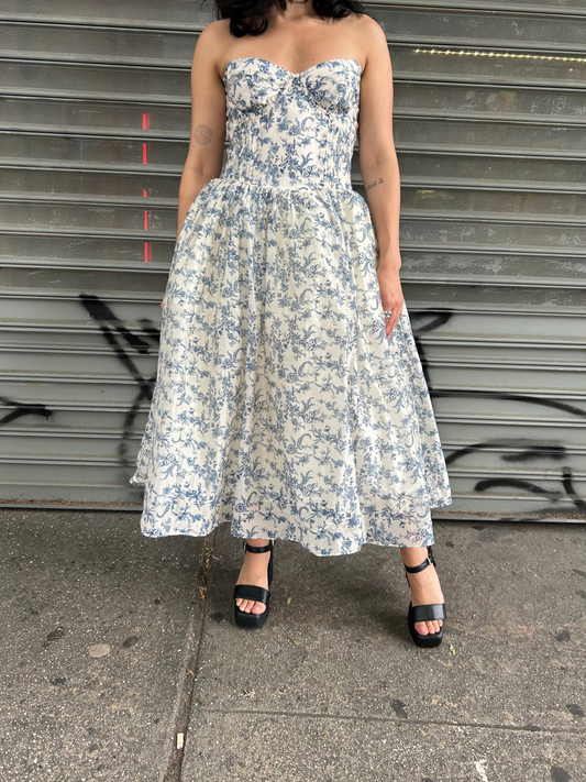 strapless floral organza dress