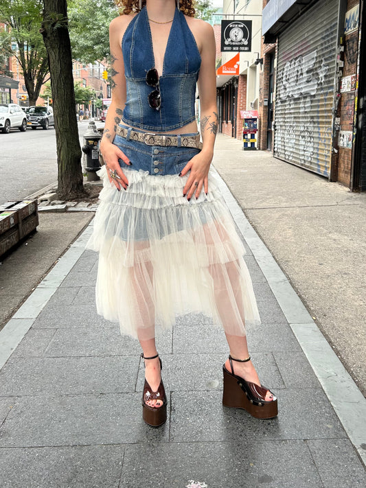 denim mesh combo skirt